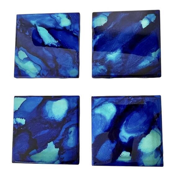 Art Glass Coaster Tiles Lot 4 Blue Green Abstract Artisan 4.25 Inch Square Cork - Picture 1 of 12